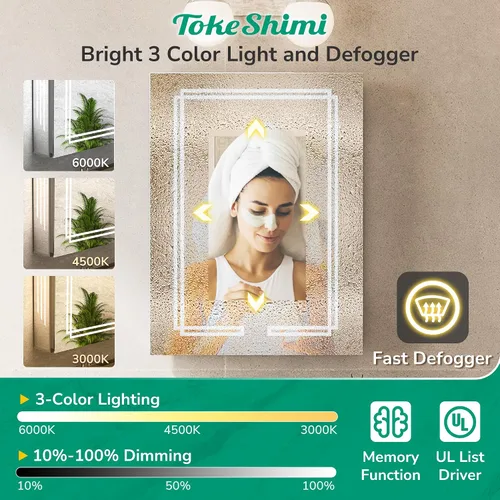 Miniatura 7 de TokeShimi Botiquín con Espejo Iluminado de 20 x 31.9 pulgadas, Espejo LED de Baño Templado Antivaho con Almacenamiento, Atenuación Continua de 3