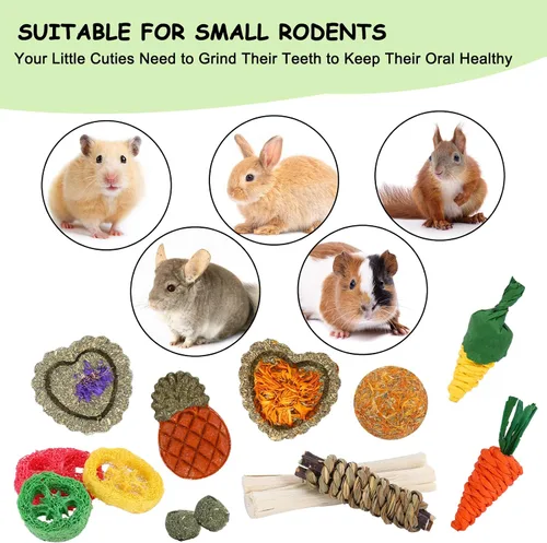 Miniatura 6 de VESPRO Juguetes para conejos, 21 piezas de juguetes masticables para conejos para dientes, golosinas naturales para conejillos de indias, palitos
