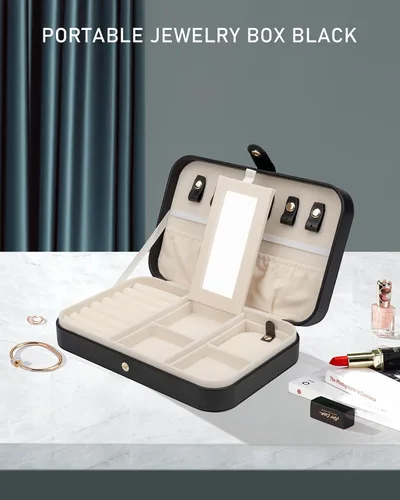 Miniatura 7 de Joyero pequeño, joyero de viaje portátil para mujer, mini organizador de viaje de 2 capas, regalo para mujeres y niñas, negro A