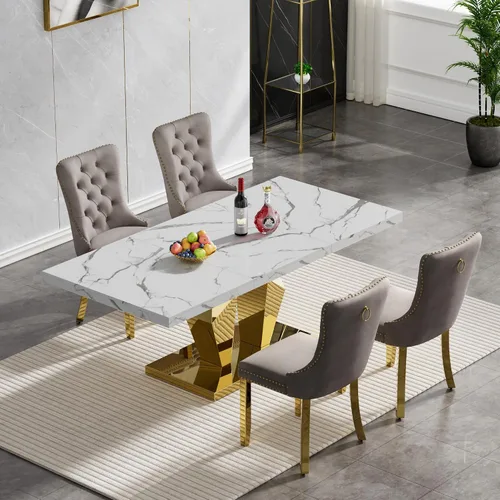 Miniatura 59 de Juego de mesa de comedor de mármol sintético, 7 piezas, juego de mesa de cocina y comedor para 6, mesa de comedor rectangular blanca de 70 pulgadas