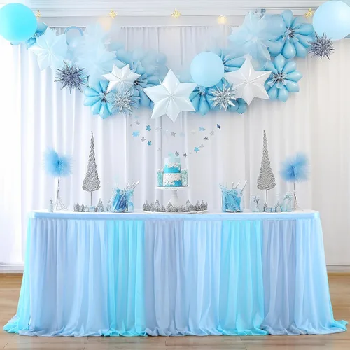 Miniatura 12 de Falda de mesa de tul de sirena azul rosa púrpura con rayas para mesas rectangulares Frozen Baby Shower Fiestas de cumpleaños de sirena Decoración 6