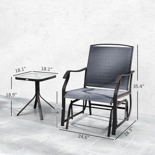 Miniatura 7 de Outsunny Juego de 3 sillas planeadoras para exteriores con mesa auxiliar, 2 mecedoras para patio con tela transpirable, mesa de cristal, para patio