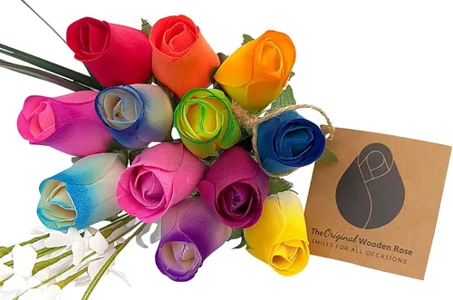 Ramos originales de rosas de madera en 1, 2, o 3 docenas, Madera de abedul, Colores Variados, 1 Docena Varios colores