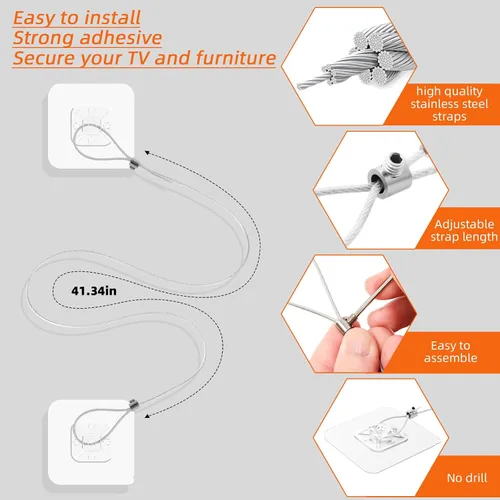 Miniatura 3 de Vinkqiado - Paquete de 6 correas de seguridad ajustables de metal de 42 pulgadas para TV, sin taladro, adhesivos antipuntas, anclajes de pared