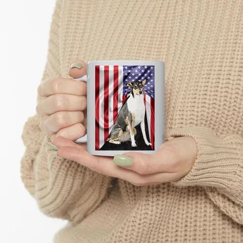 Miniatura 3 de Taza de café con diseño temático americano con diseño tricolor liso Collie, taza de té de cerámica blanca de 11 onzas, regalos para propietarios