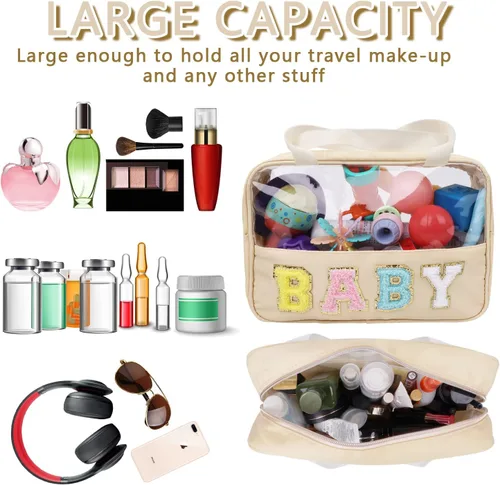 Miniatura 4 de Iqimott Bolsa de bebé con parche de letras de chenilla, bolsa de cosméticos transparente para maquillaje, bolsa grande de almacenamiento