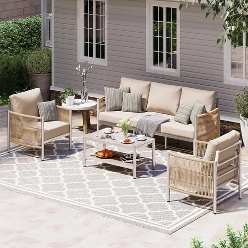 Miniatura 10 de Juego de muebles de aluminio para patio al aire libre con mesa de centro de doble capa, juegos de conversación de patio modernos de 4 piezas
