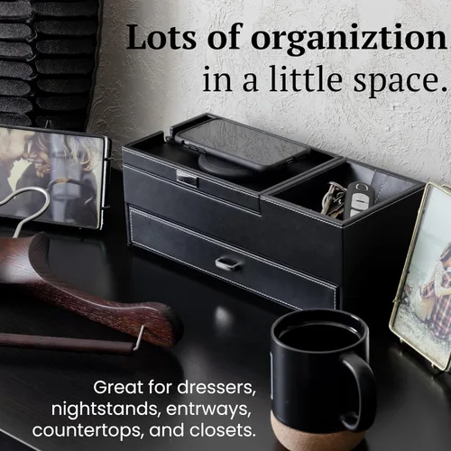 Miniatura 7 de HOUNDSBAY Captain Dresser & Nightstand Valet Organizador Caja de almacenamiento con Catchall y estación de carga (negro)