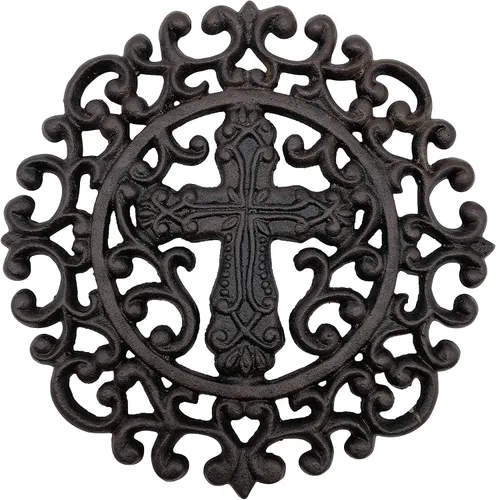 Comfy Hour Salvamanteles decorativos de hierro fundido con cruz redonda de 9 pulgadas, soporte religioso para ollas calientes para cocina, soporte