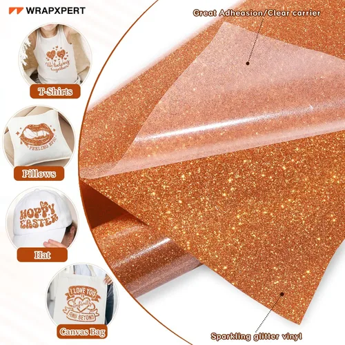 Miniatura 2 de WRAPXPERT Vinilo de transferencia de calor con purpurina naranja, rollo de vinilo holográfico de 10 pulgadas x 5 pies, color naranja quemado, vinilo