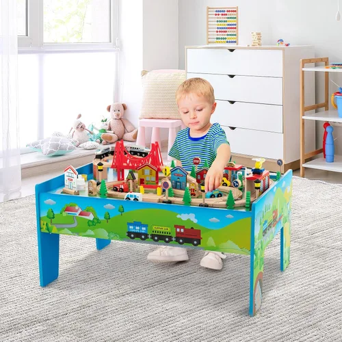 Miniatura 4 de Costzon Mesa de tren, 80 piezas, mesa de actividades de madera para niños con mesa reversible y desmontable, pistas de madera maciza, tren