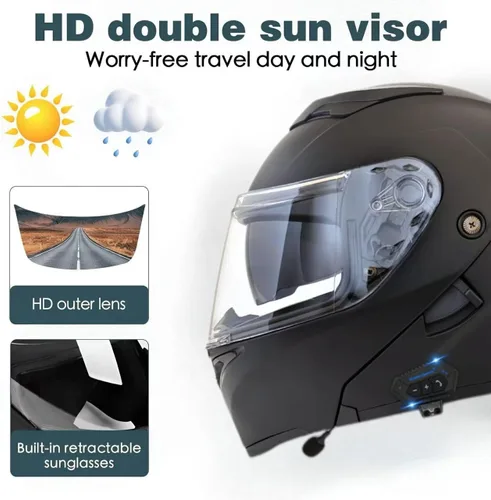 Miniatura 4 de Casco modular Bluetooth para motocicleta, aprobado por DOT, de cara completa con visor abatible, de doble visera, con altavoces duales y micrófono