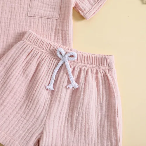 Miniatura 6 de Conjunto de 2 piezas de camiseta de algodón y lino de manga corta y pantalones cortos elásticos, 2 piezas, ropa casual de verano