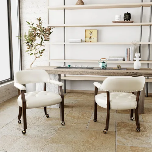 Miniatura 79 de Juego de 8 sillas de cuero de comedor con ruedas y brazos, silla de capitán Accent con ruedas, sillas de madera con ruedas enrollables para cocina