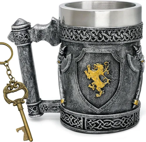 alikiki Taza grande medieval Axes Tankard de 21 onzas – Reino de Inglaterra león, corazón cresta de cerveza, taza de café de acero inoxidable,
