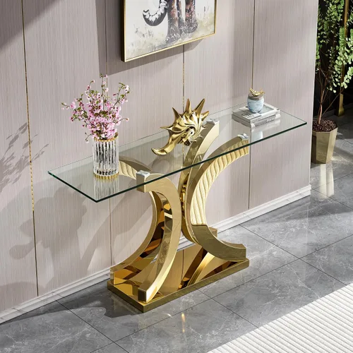 Miniatura 25 de SSLine Mesa auxiliar de cristal de lujo para sala de estar, mesa auxiliar moderna dorada con base de pedestal de acero inoxidable en forma de flor