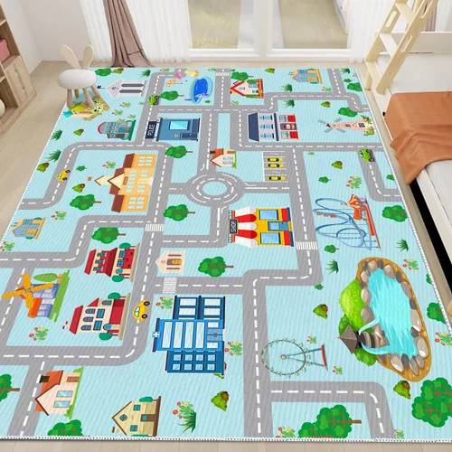 Miniatura 12 de Alfombra de coche para niños, 2 pies 7 pulgadas x 4 pies, alfombra de juego de tráfico urbano para autos de carreras y juguetes, divertida alfombra