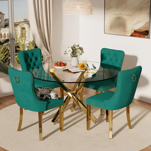 Miniatura 23 de Juego de mesa de comedor redonda de cristal moderno de mediados de siglo para 4, juego de vajilla circular de lujo plateado de 5 piezas, juego