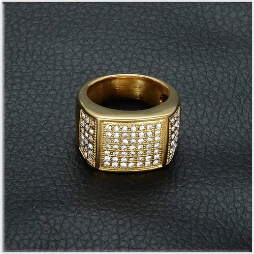 Miniatura 4 de Xusamss Hip Hop chapado en oro de 18 quilates de acero inoxidable cuadrado anillo de cristal