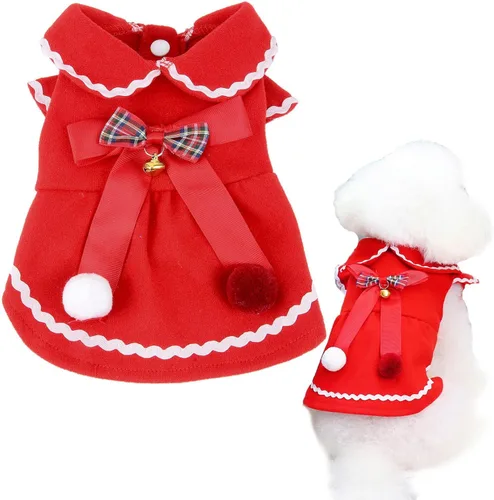 Zunea Vestidos de invierno para perros pequeños, niña, vestido de princesa para cachorro de Navidad con lindo nudo de lazo y campana, suave y Rojo
