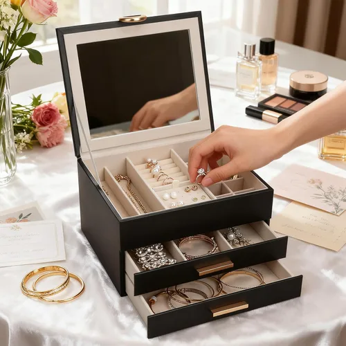Miniatura 22 de Elegant Gift Jewelry Box with Mirror - 3-Layer Organizer for Earrings, Rings, Necklaces, Ready to Give for Birthday Anniversary Christmas Apricot