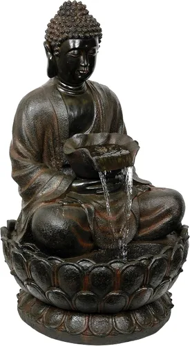 Miniatura 2 de Alpine Corporation WIN1586 Fuente de Buda pacífica para exteriores con luces LED, fuente de agua de jardín de Buda, 44 pulgadas de alto, marrón