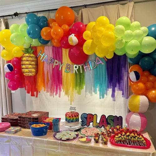Miniatura 3 de Kit de guirnalda de arco de globos tropicales de verano, 141 globos de látex de color rosado intenso, verde lima, naranja, azul pizarra y amarillo