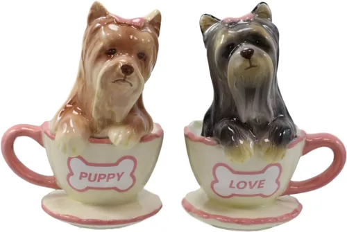 Ebros - Juego de salero y pimentero de cerámica de Yorkshire Terriers Yorkie de cerámica con tazas de té, juego de salero y pimentero, figuras de