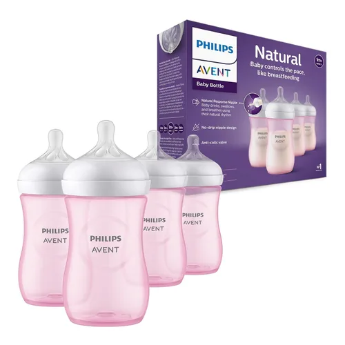 Philips Avent - Biberón natural con boquilla de respuesta natural, rosa, 9 onzas, paquete de 4, SCY903/14