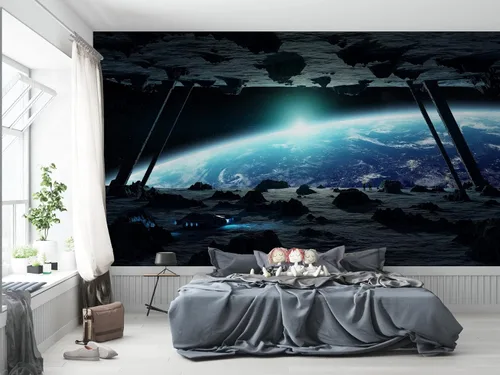 Miniatura 6 de Niwo ART - Mural de pared Astronauts Explorando Asteroid Spaceship B, Universe Papel tapiz autoadhesivo grande autoadhesivo (64 x 96 pulgadas)