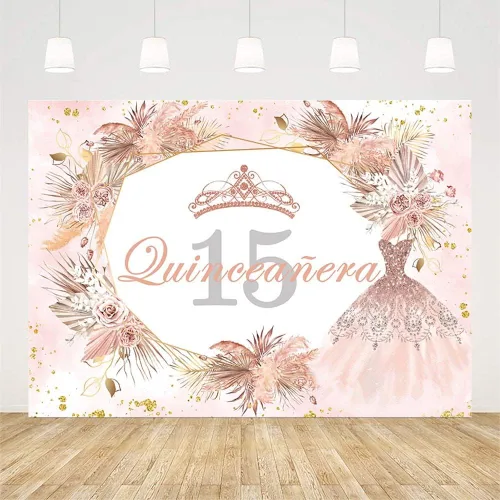 Miniatura 2 de Sendy Telón de fondo de quinceañera de 15 cumpleaños de 7 x 5 pies para niña dulce, bohemio, rosa dorado con purpurina Mis Quince Anos, decoración