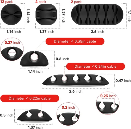 Miniatura 2 de Flezoo Clips para Cables Sujetador de Cordones - 18 PCS Organizador Adhesivo Negro de Cables de Teléfono Soporte para Cargador Clips de Gestión