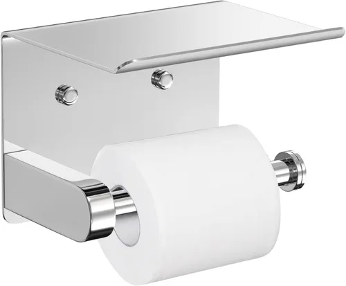 Miniatura 6 de VAEHOLD Soporte de papel higiénico autoadhesivo con estante para teléfono, soporte de rollo de papel higiénico montado en la pared de acero Blanco