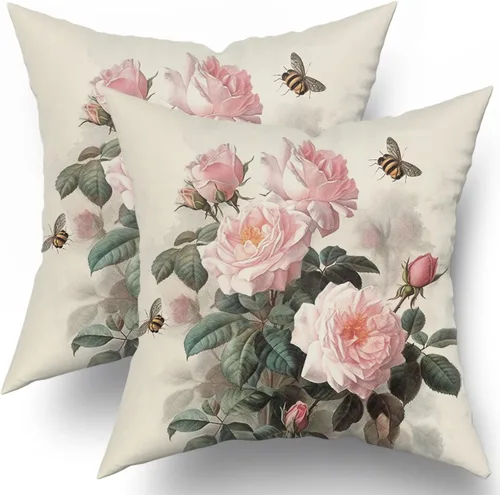 Sweetshow Juego de 2 fundas de almohada con estampado floral de rosas rosadas de 18 x 18 pulgadas, diseño vintage de hojas y abejas, arte moderno,