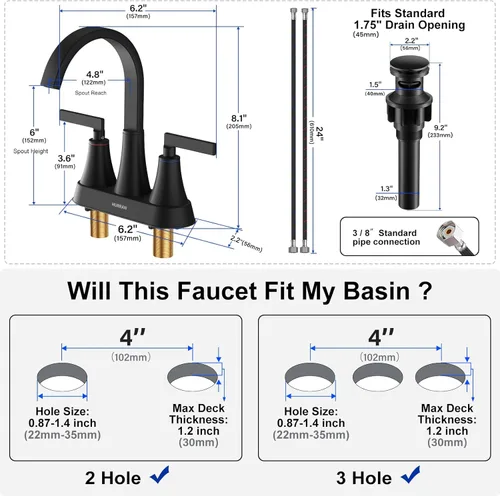 Miniatura 2 de Hurran - Grifo de acero inoxidable, de 4 pulgadas, 3 orificios con drenaje emergente y líneas de suministro, giratorio 360, para el lavabo del baño
