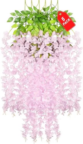 Miniatura 48 de Paquete de 12 flores colgantes de glicina rosa, flores colgantes falsas de 3.44 pies, guirnalda de glicina artificial para decoración de boda, telón