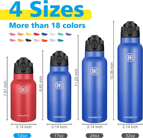 Miniatura 2 de Han's Bottle Botella de agua para niños con tapa con pajilla, vaso reutilizable de acero inoxidable aislado para niñas, niños, taza térmica, 12 Rojo