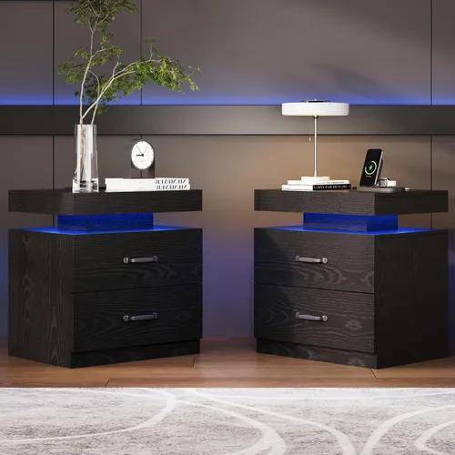 Miniatura 7 de Mesita de noche negra con estación de carga, moderna mesita de noche con luces LED, mesa auxiliar con 2 cajones para dormitorio, sala de estar