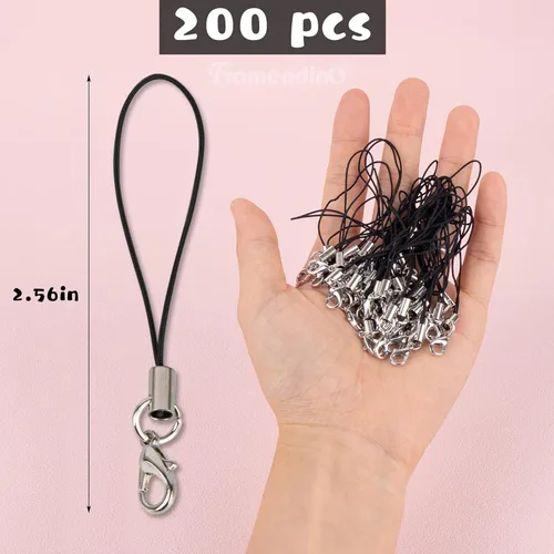 Miniatura 2 de Framendino, Paquete de 200 cordones negros con cierre de langosta para llavero de teléfono celular, bricolaje