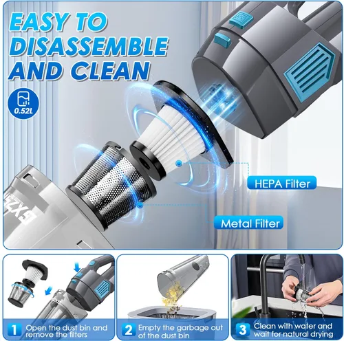 Miniatura 5 de Gxzsk Aspiradora de Mano Inalámbrica, 15000PA de Succión Fuerte Aspiradora de Mano Recargable para Coche, Aspiradora de Mano Portátil con Gris