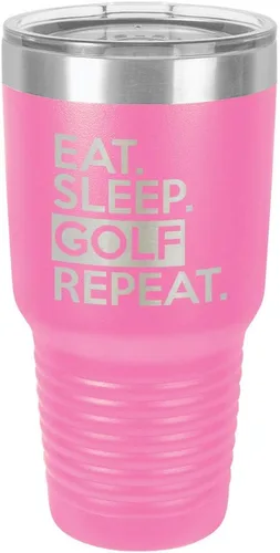 Miniatura 12 de Vaso con tapa superior deslizante y pajita de acero inoxidable para viaje con texto en inglés "EAT SLEEP GOLF REPEAT" de 76 ml en comparación