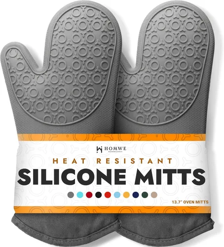 Guantes de horno de silicona con forro de algodón acolchado – profesional resistente al calor olla de cocina soportes – 1 par Gris