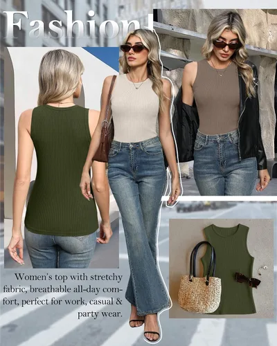 Miniatura 5 de Paquete de 3 camisetas sin mangas de algodón para mujer, de punto acanalado, casuales, básicas, de cuello redondo, ajustadas, de verano, con espalda
