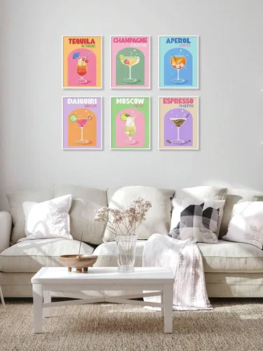 Miniatura 2 de Paquete de 6 pinturas de cóctel retro por números para adultos principiantes, vintage fácil de pintar por números sobre lienzo, kit de pintura al