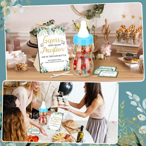 Miniatura 6 de Syhood Greenery Baby Shower Games Guess How Many Pacifiers Sage Game Signal, 50 pequeños juegos de adivinanzas, 20 lápices HB, botella de leche