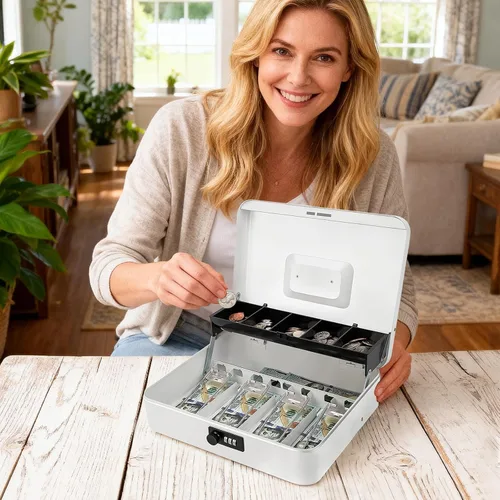 Miniatura 9 de Jssmst - Caja grande de seguridad de metal con bandeja para dinero; caja de dinero con cerradura de combinación, color blanco, SM-CB0511L Cerradura