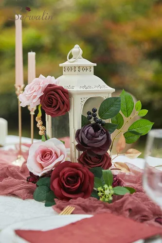 Miniatura 6 de Serwalin Flores Artificiales Burdeos, Flores Falsas de Seda Burdeos y Rosa para Decoración de Boda DIY, Flores Rojo Profundo para Pastel Ramo