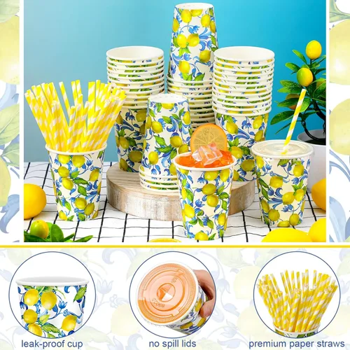 Miniatura 3 de Tessco - Juego de 50 vasos de papel Capri Lemon con tapas y pajitas, 12 onzas, azulejos azules italianos, tazas frías de limón italiano para fiesta