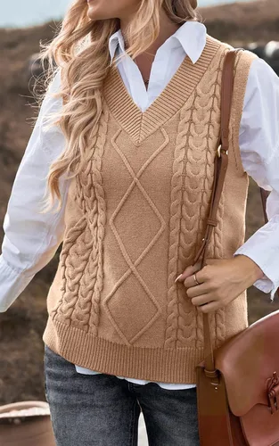 Miniatura 8 de NALANISA Suéter sin mangas con cuello en V para mujer, de gran tamaño, casual, holgado, de punto trenzado, sin botones, para otoño e invierno