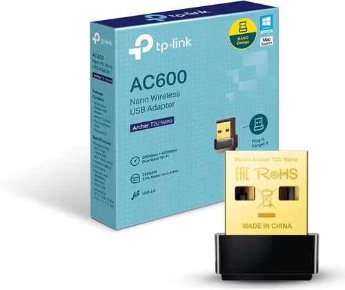 TP-Link Adaptador WiFi USB Nano AC600 (Archer T2U Nano)- Transceptor de red inalámbrica de doble banda 2.4G/5G para PC de escritorio, tamaño de